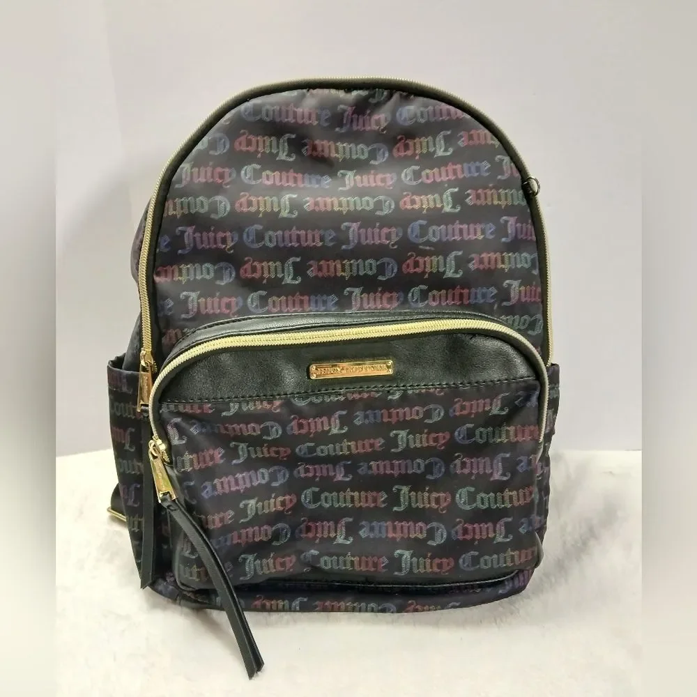 Juicy Couture Womens Backpack Black Mutli Color Lettering With Gold‎ Tones